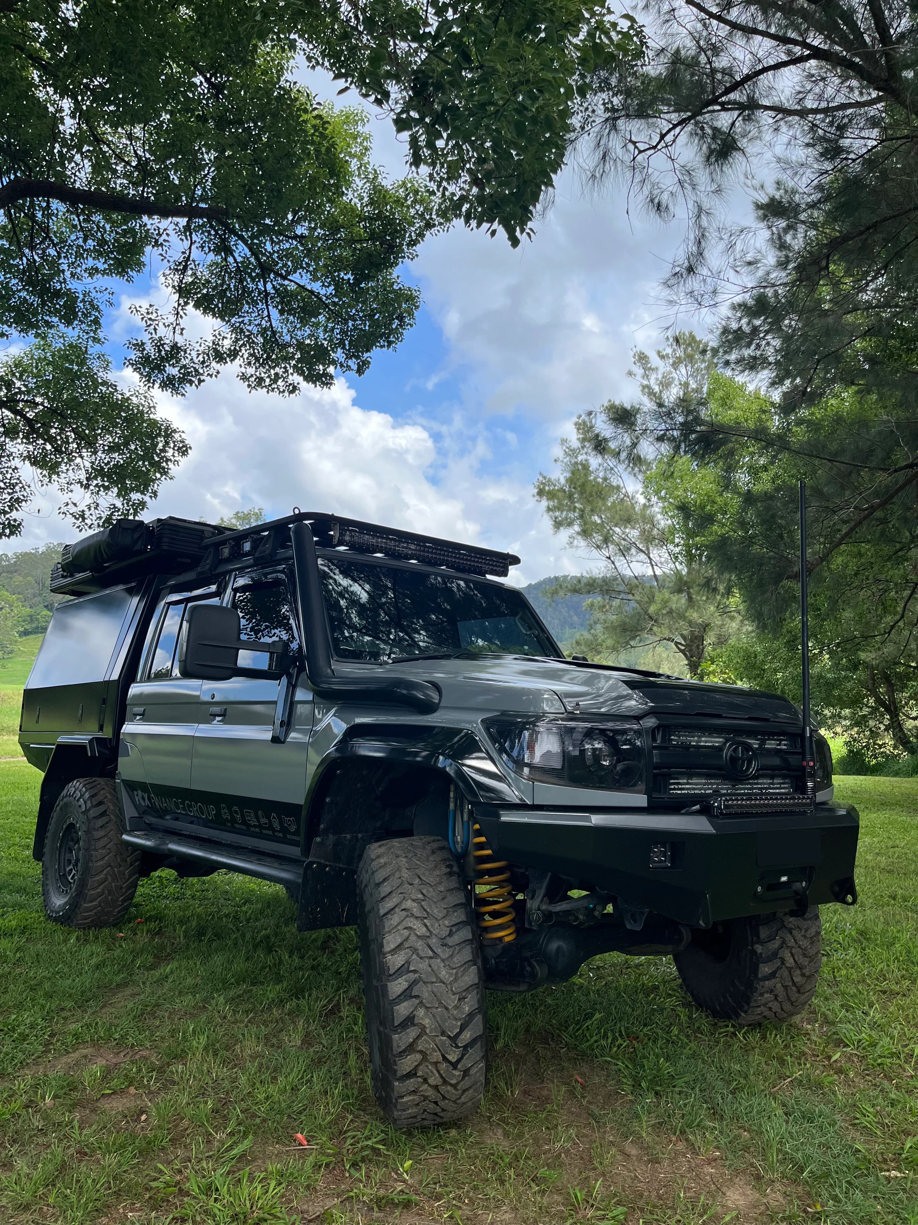 Drewsy's 79 front on, the lifted suspension and coilovers showing.