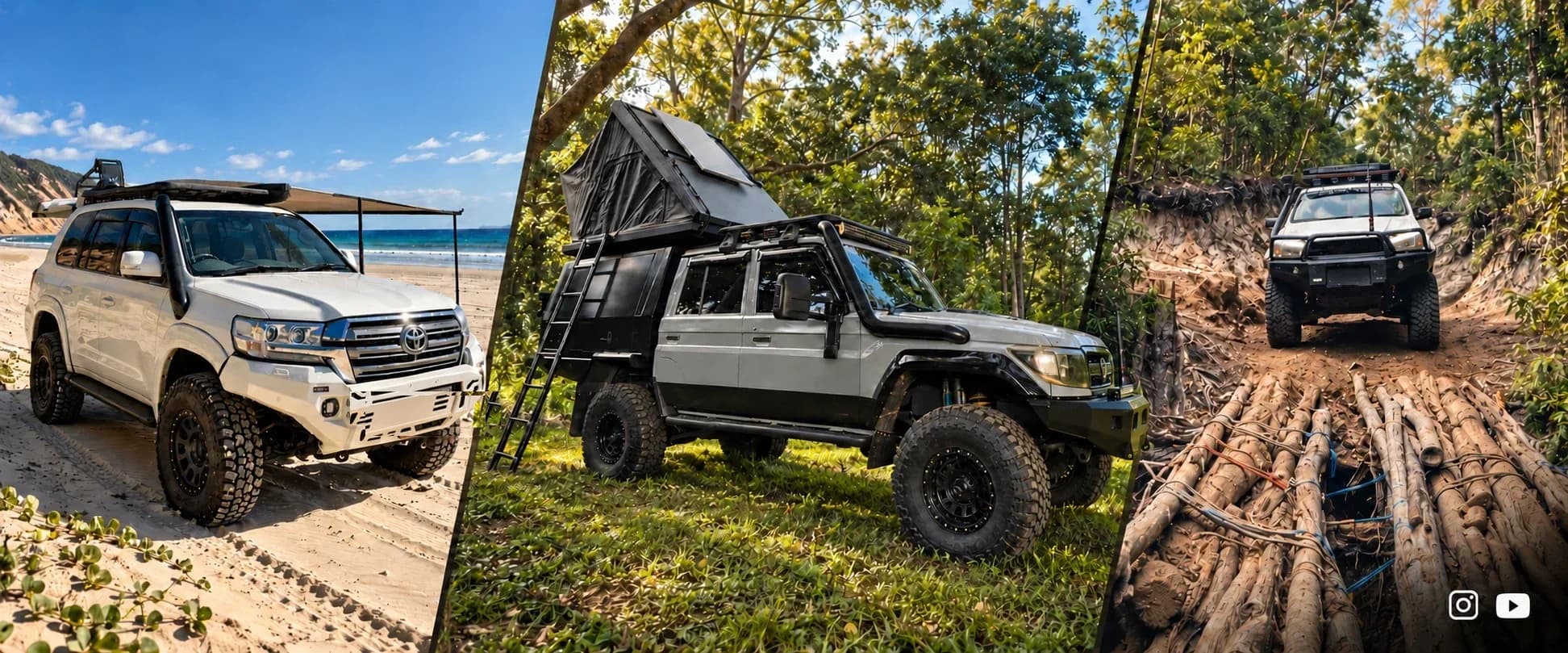 Three adventures side by side: a 200 Series on the beach with the awning out, a 79 Series camped in the bush with its rooftop tent up, and a 4x4 crossing a log bridge on a forest track.